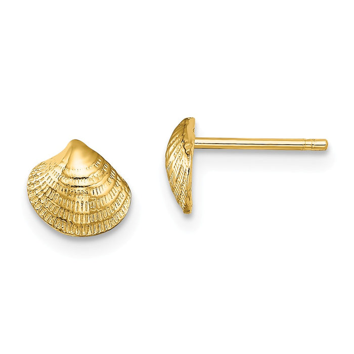 Million Charms 14k Yellow Gold Mini Clam Shell Post Earrings, 6.45mm x 6.9mm