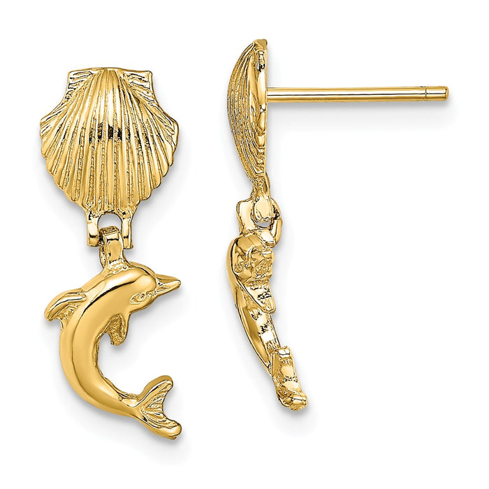 Million Charms 14k Yellow Gold Dolphin Dangle From Mini Scallop Earrings, 18.3mm x 7.2mm