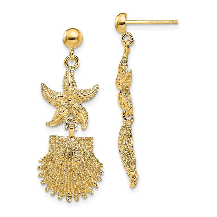 Million Charms 14k Yellow Gold Starfish &  Scallop Shell Dangle Earrings, 33.4mm x 13mm