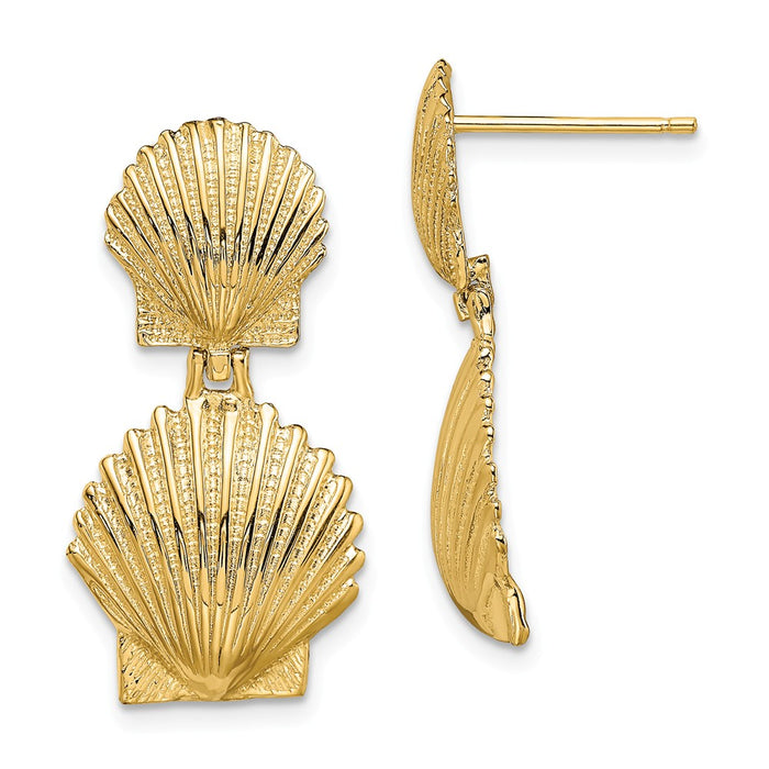 Million Charms 14k Yellow Gold Double Scallop Shell Post Earrings, 24.5mm x 12.5mm