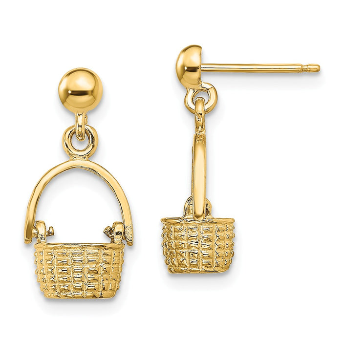 Million Charms 14k Yellow Gold 3-D BASKET / MOVEABLE HANDLE DANGLE EARRINGS, 19mm x 9mm