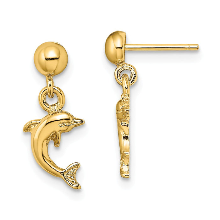 Million Charms 14k Yellow Gold Mini Jumping Dolphin Dangle Earrings, 16.25mm x 7mm