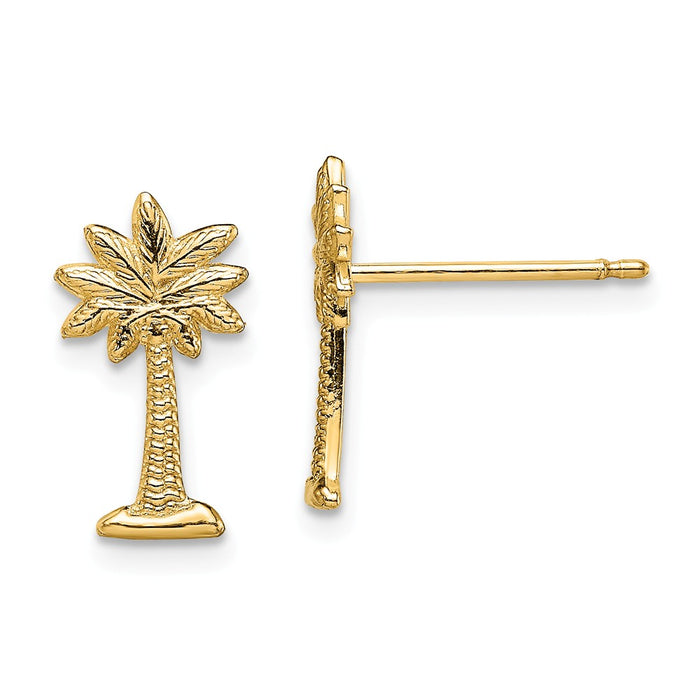 Million Charms 14k Yellow Gold MINI PALMETTO PALM TREE POST EARRINGS / 2-D & TEXTURED (2of2, 12.7mm x 7.1mm