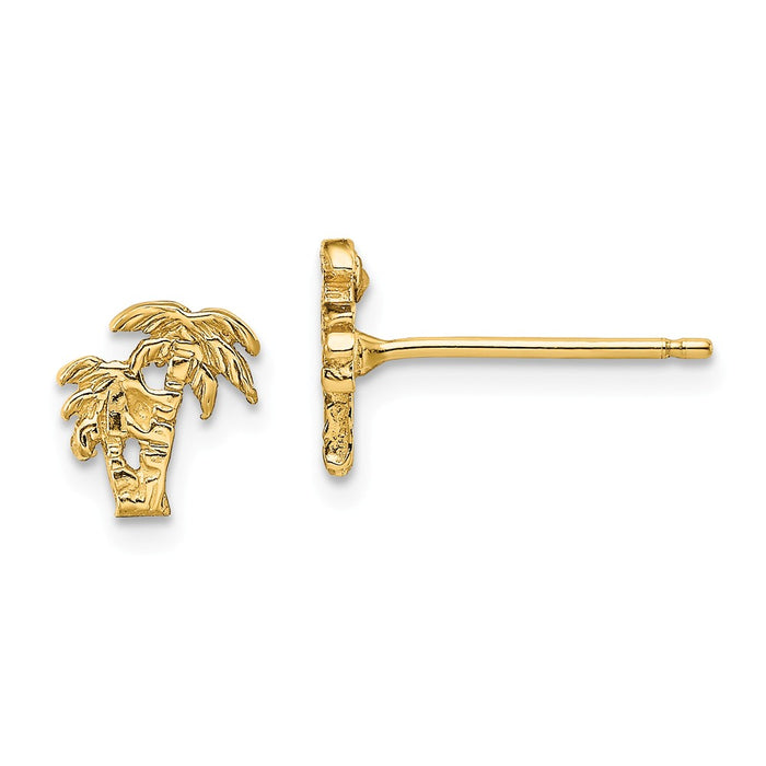 Million Charms 14k Yellow Gold Mini Double Palm Tree Post Earrings, 7.2mm x 6.8mm