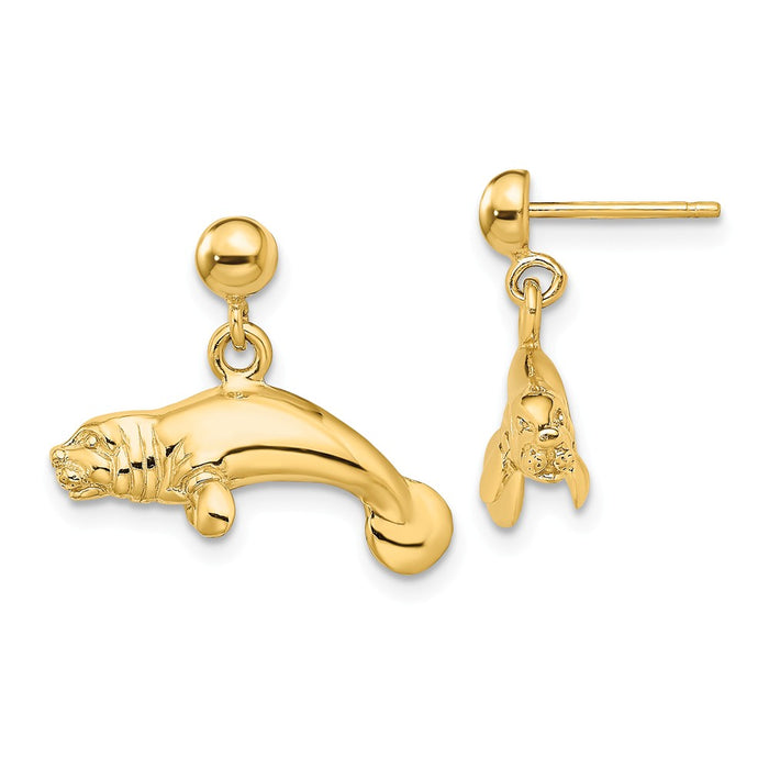 Million Charms 14k Yellow Gold 3-D Polished Manatee Dangle Earrings, 15.25mm x 19.5mm