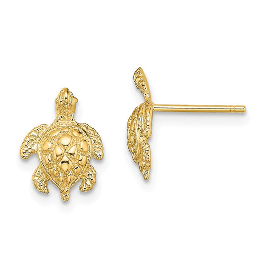 Million Charms 14k Yellow Gold 2-D & Textured Sea Turtle Post Earrings, 11.45mm x 8.4mm