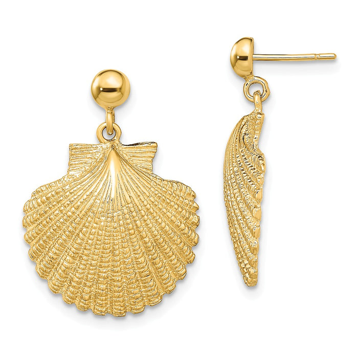 Million Charms 14k Yellow Gold Scallop Dangle Earrings, 24.3mm x 17.3mm