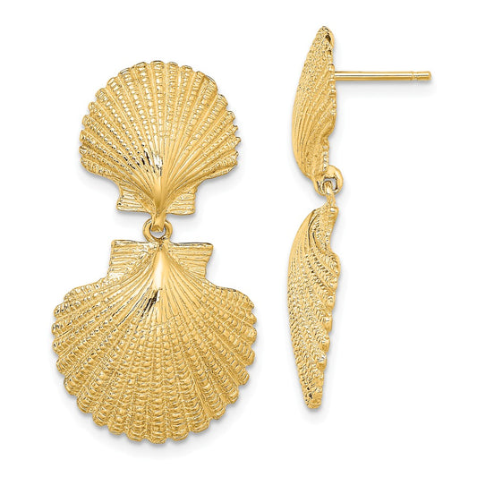Million Charms 14k Yellow Gold Double Scallop Dangle Earrings, 31.7mm x 17.1mm