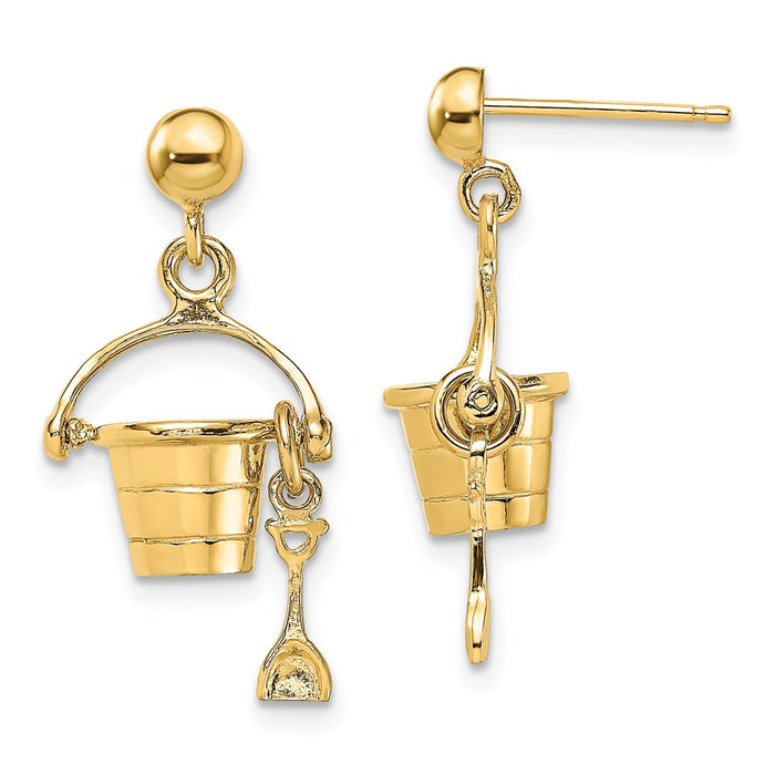 Million Charms 14k Yellow Gold 3-D Beach Bucket with Shovel Dangle Earrings, 18.9mm x 11.3mm
