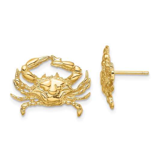 Million Charms 14k Yellow Gold 2-D BLUE CRAB POST EARRINGS, 15mm x 18.1mm