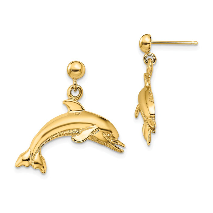 Million Charms 14k Yellow Gold Jumping Dolphin Dangle Earrings, 23.2mm x 24.3mm