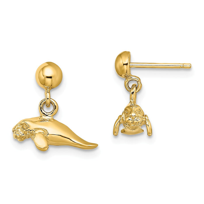 Million Charms 14k Yellow Gold 3-D Polished Mini Manatee Dangle Earrings, 12.1mm x 12.35mm
