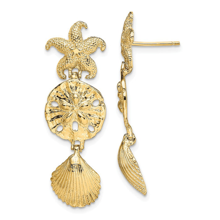 Million Charms 14k Yellow Gold Diamond-Cut Starfish, Shell &  Sand Dollar Dangle Earrings, 35.2mm x 11.6mm