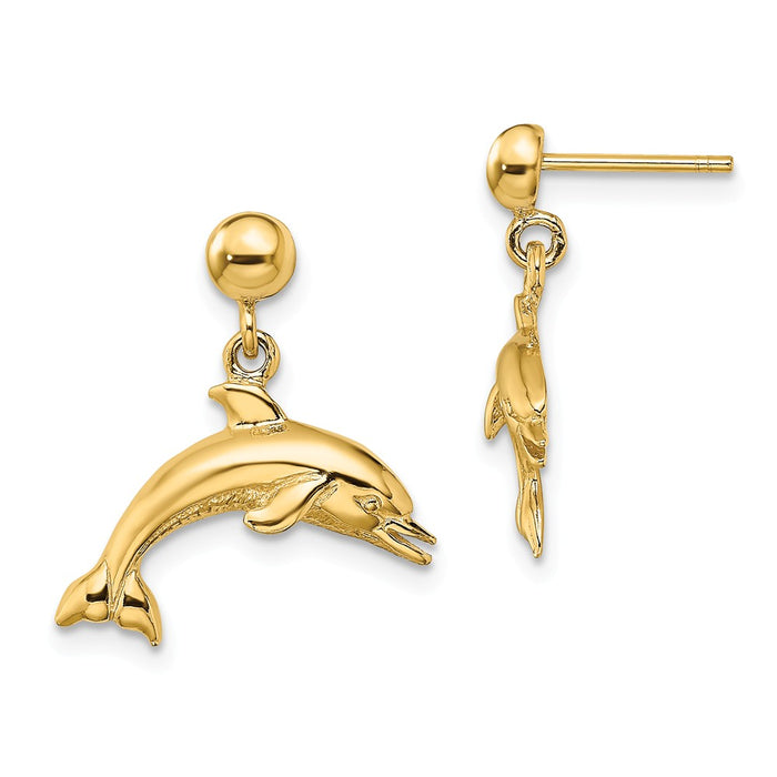 Million Charms 14k Yellow Gold Jumping Dolphin Dangle Earrings, 17.8mm x 7.4mm