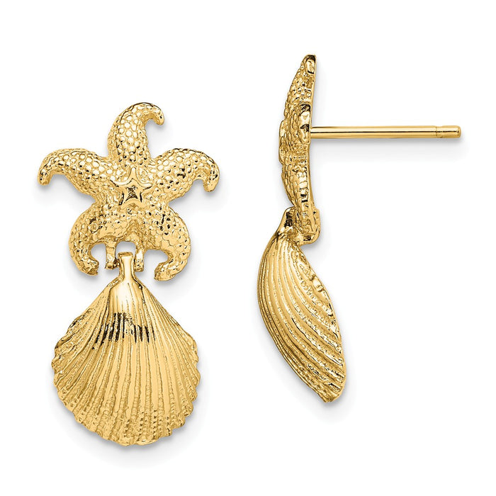 Million Charms 14k Yellow Gold Starfish &  Scallop Shell Dangle Earrings, 21.9mm x 11.4mm