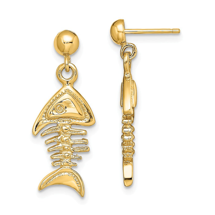 Million Charms 14k Yellow Gold 3-D Fishbone Dangle Earrings, 24.2mm x 9.5mm