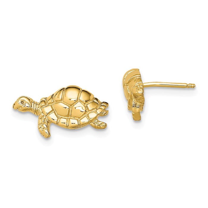 Million Charms 14k Yellow Gold Polished Swimming Sea Turtle Post Earrings, 15.15mm x 8.45mm