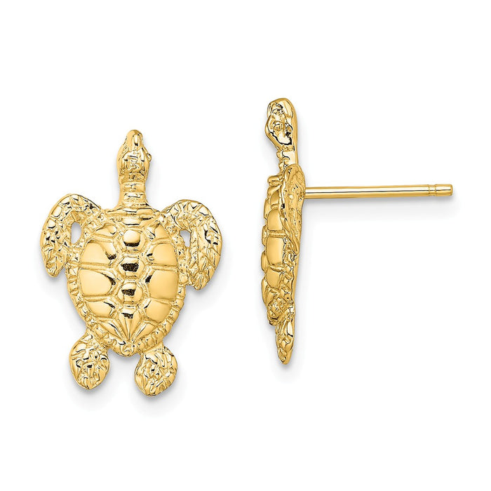 Million Charms 14k Yellow Gold Polished & Textured Sea Turtle Post Earrings, 16.5mm x 11.4mm
