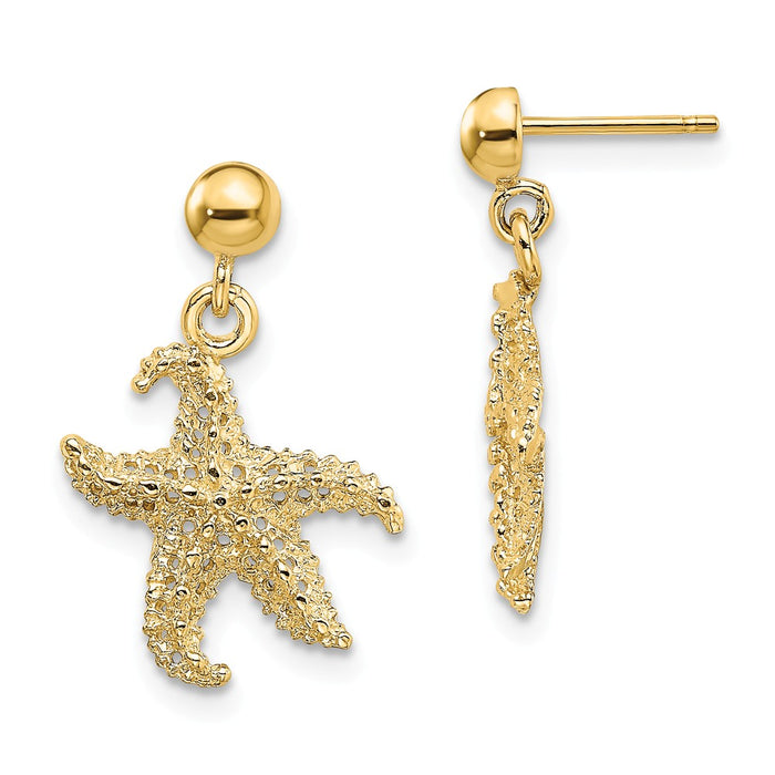 Million Charms 14k Yellow Gold Starfish Post Dangle Earrings, 21mm x 13.9mm
