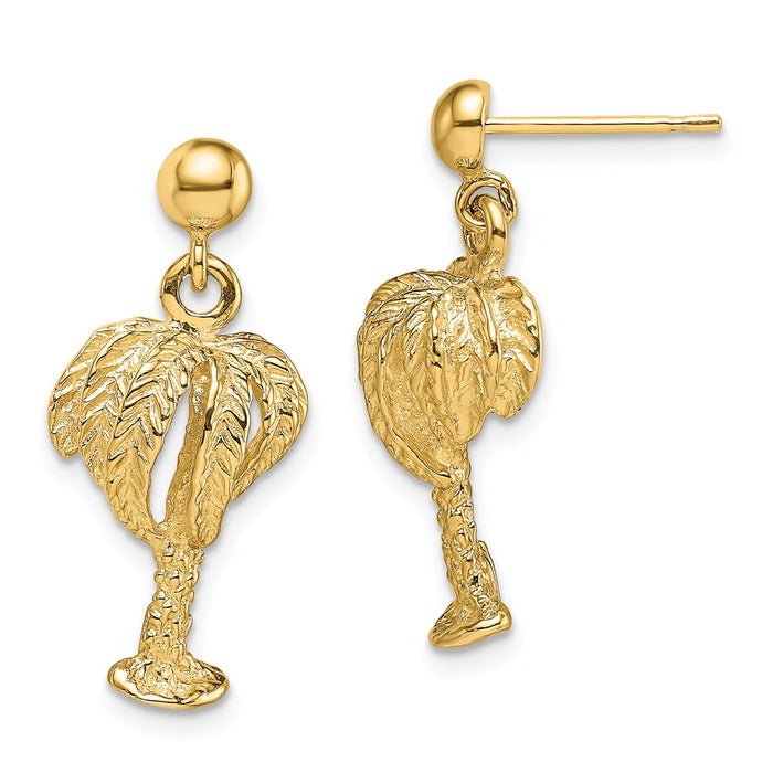 Million Charms 14k Yellow Gold PALM TREE with FULL LEAVES DANGLE EARRINGS, 23.4mm x 10.7mm
