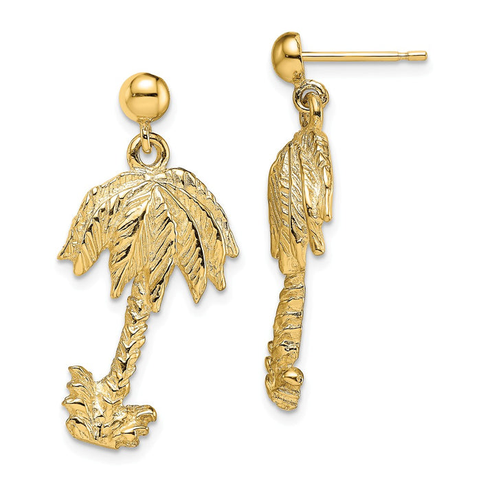 Million Charms 14k Yellow Gold Palm Tree Post Dangle Earrings, 29.3mm x 14.1mm