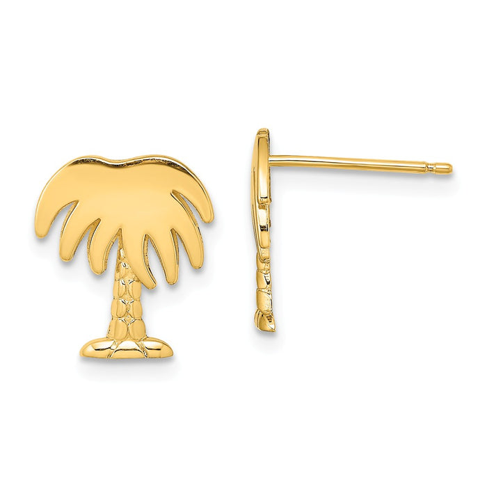 Million Charms 14k Yellow Gold Charleston Palm Tree Post Earrings, 11.99mm x 10.39mm