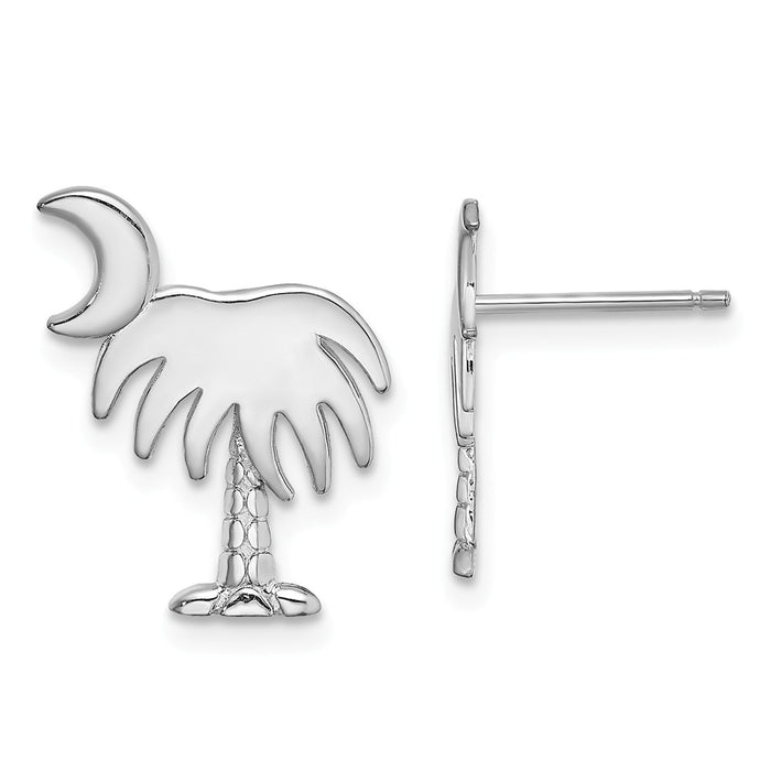 Million Charms 14K White Gold White Charleston Palm Tree with Moon Earrings, 14.97mm x 13.28mm