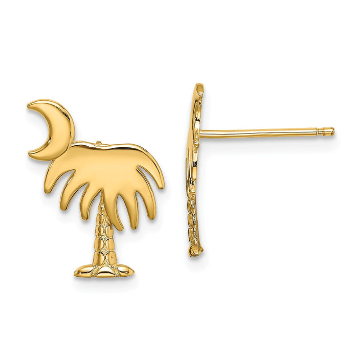 Million Charms 14k Yellow Gold Charleston Palm Tree with Moon Post Earrings, 15.64mm x 11.63mm