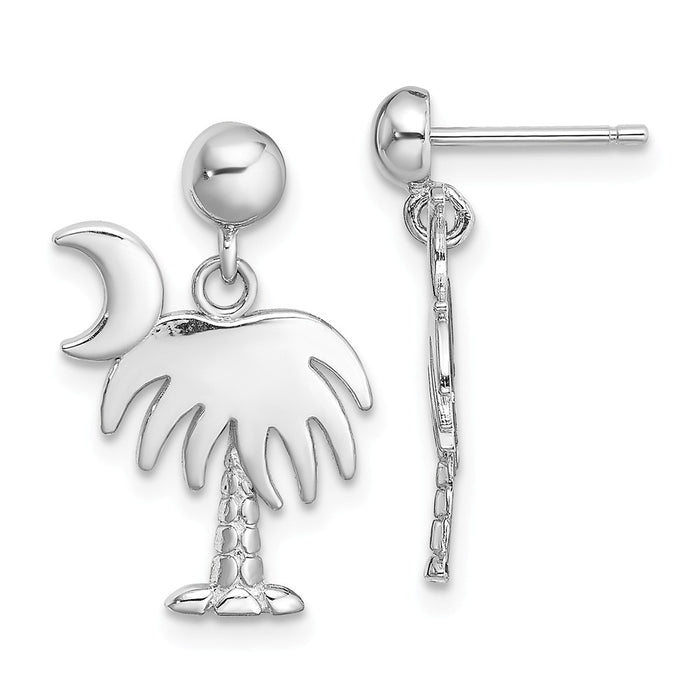 Million Charms 14K White Gold Charleston Palm Tree with Moon Dangle Earrings, 18.9mm x 11.57mm