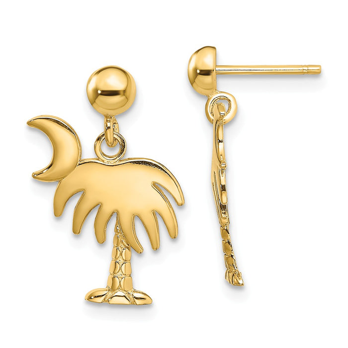 Million Charms 14k Yellow Gold Charleston Palm Tree with Moon Dangle Earrings, 18.89mm x 11.9mm