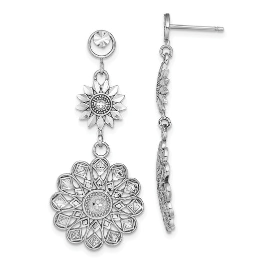 Million Charms 14K White Gold Diamond-Cut Sunflower Style Double Drop  Earrings,
