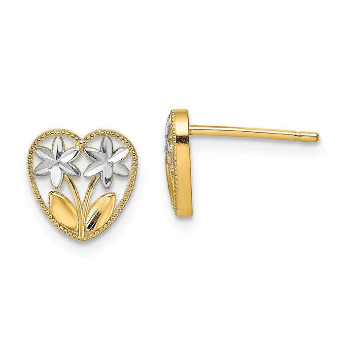 Million Charms 14k with Rhodium-Plated Diamond-Cut Flower & Heart Post Earrings, 8.2mm x 8.1mm