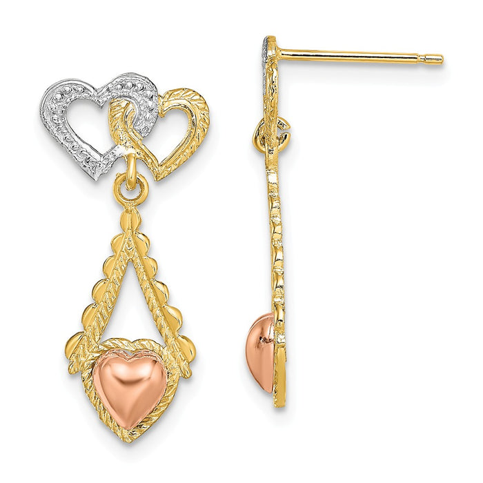 Million Charms 14k Two-Tone with White Rhodium Polished Heart Post Dangle Earrings, 24mm x 11mm