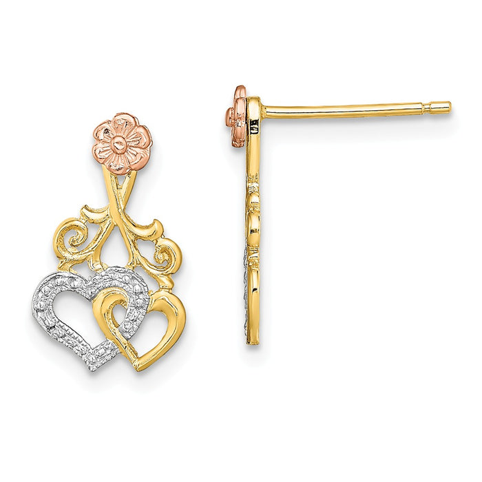 Million Charms 14k Two-tone with White Rhodium Hearts & Flower Post dangle Earrings, 14mm x 9mm