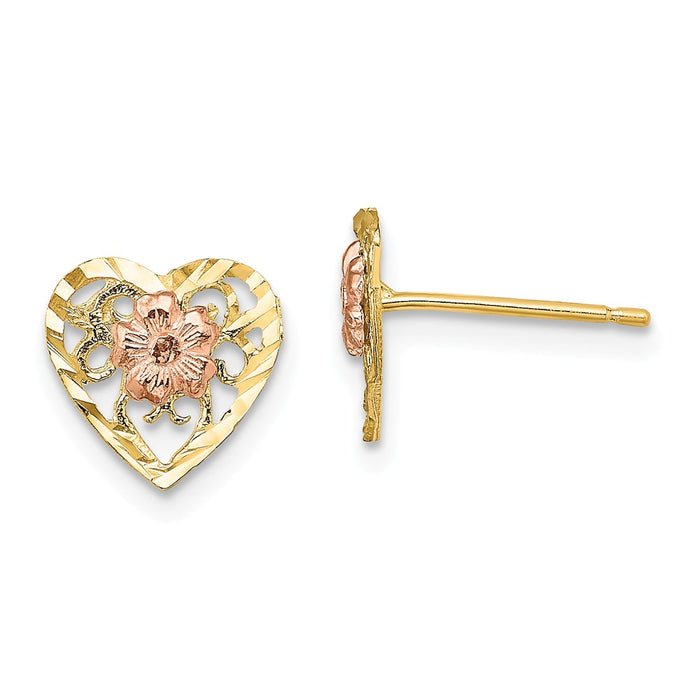 Million Charms 14k Two-Tone Diamond-Cut Heart & Flower Earrings, 10mm x 10mm