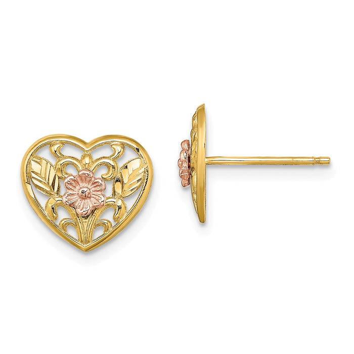 Million Charms 14K Two-tone Polished Floral in Heart Post Earrings, 10mm x 12mm