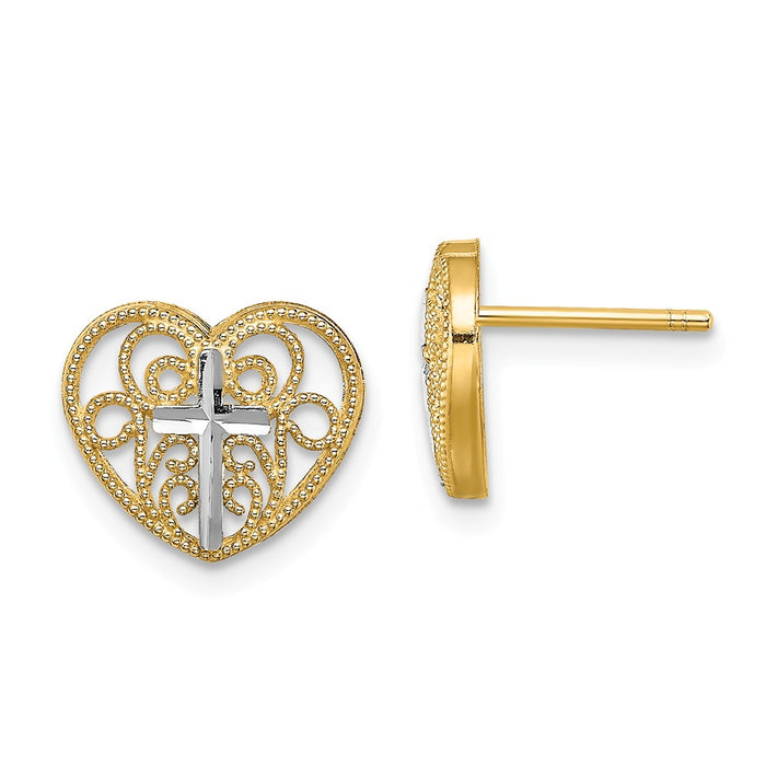 Million Charms 14K with Rhodium-Plated & Filigree Cross Center Heart Post Earrings,