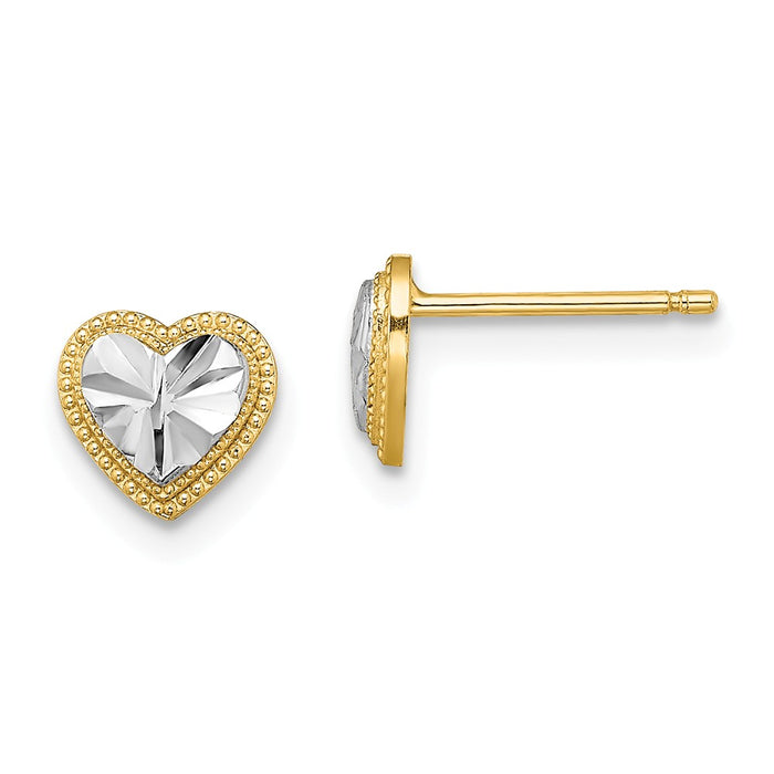 Million Charms 14k with Rhodium-Plated Diamond-Cut Heart Post Earrings, 6.55mm x 6.9mm