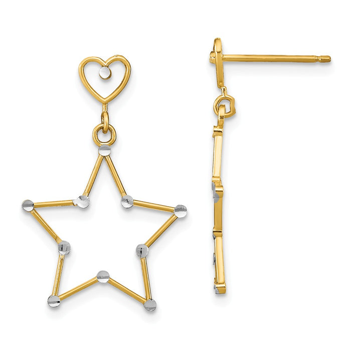 Million Charms 14k with Rhodium-Plated Diamond-Cut Heart & Star Post Dangle Earrings, 26.7mm x 16.9mm