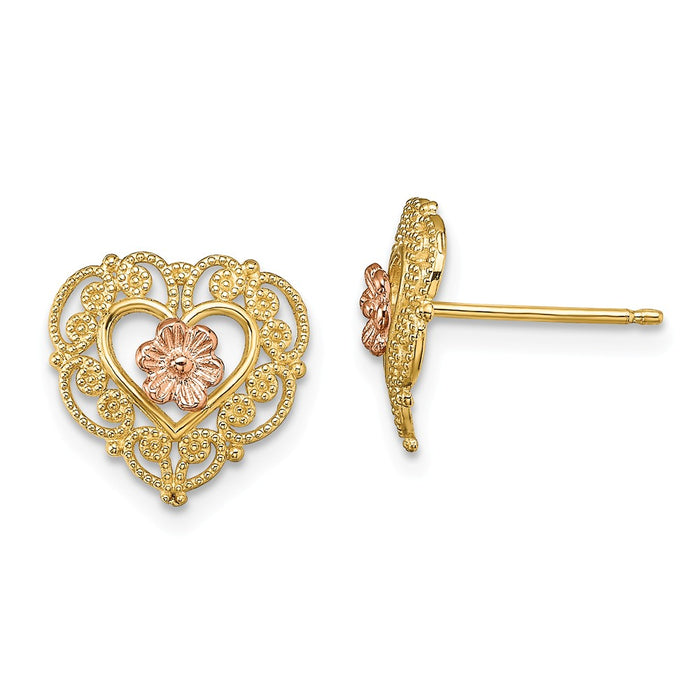 Million Charms 14k Two-Tone with Lace Trim & Flower Heart Post Earrings,