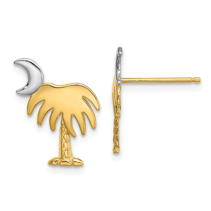 Million Charms 14k with Rhodium-Plated Charleston Palm Tree with Moon Post Earrings, 15.18mm x 11.33mm