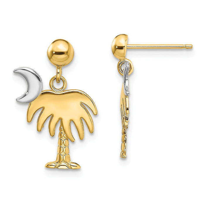 Million Charms 14k with Rhodium-Plated Charleston Palm Tree with Moon Dangle Earrings, 18.79mm x 12.85mm