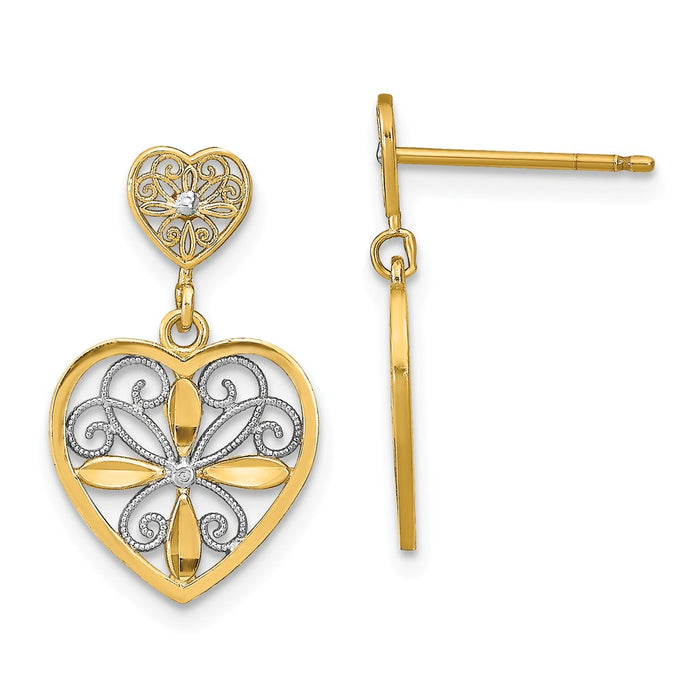 Million Charms 14k with Rhodium-Plated Flower & Heart Beaded Filigree Dangle Earrings, 19mm x 11mm