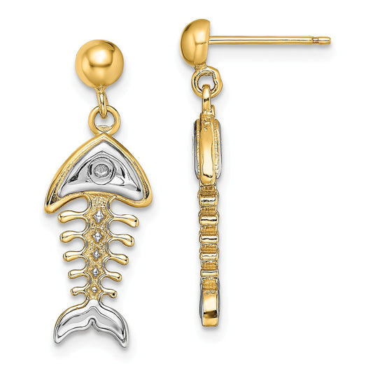 Million Charms 14k with Rhodium-Plated Fishbone Dangle Earrings, 24.6mm x 8.7mm