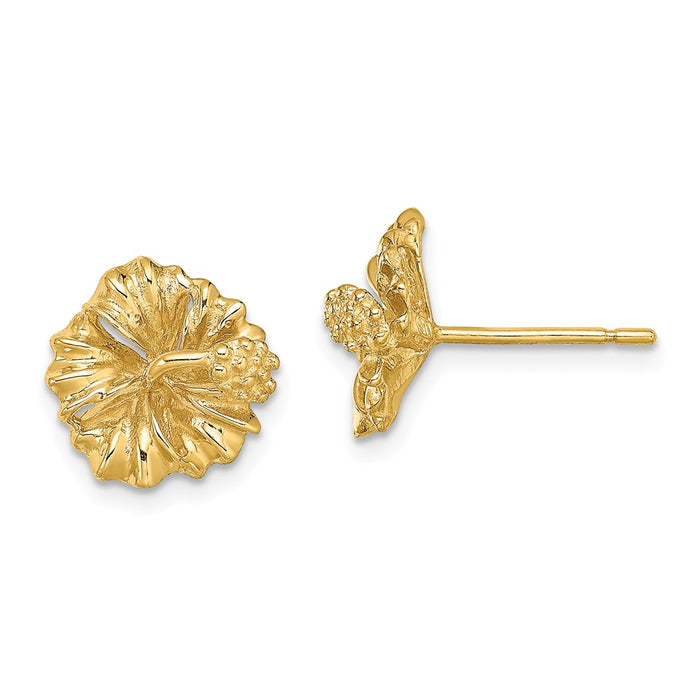 Million Charms 14k Yellow Gold 2-D Hibiscus Flower Post Earrings, 11.9mm x 11.9mm