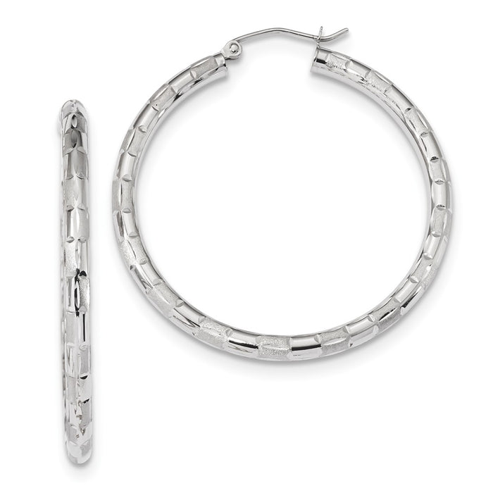 Million Charms 14k White Gold Polished, Satin & Diamond-Cut Hoop Earrings, 42.36mm x 40.63mm