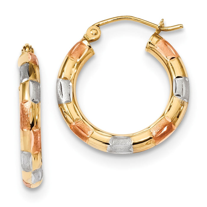 Million Charms 14k Yellow Gold with White & Rose Rhodium Polished, Satin & Diamond-Cut Hoop Earrings, 21.35mm x 19.55mm