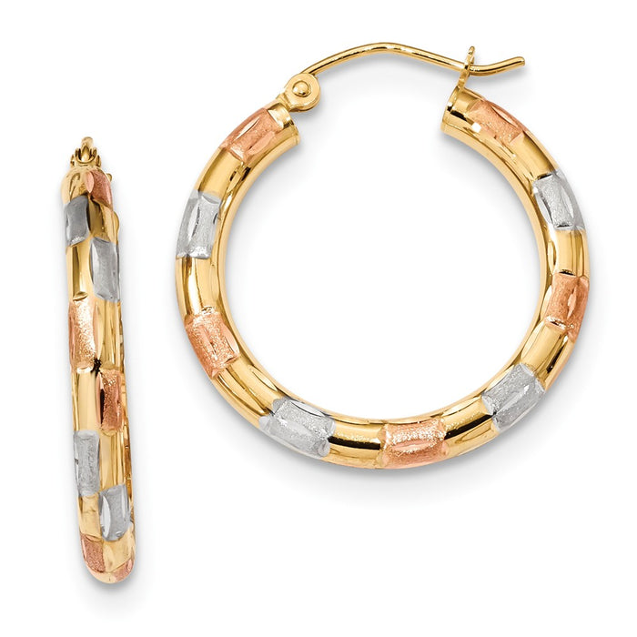 Million Charms 14k Yellow Gold with White & Rose Rhodium Polished, Satin & Diamond-Cut Hoop Earrings, 26.62mm x 24.86mm