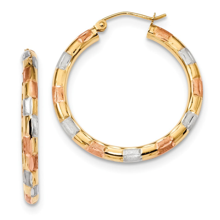 Million Charms 14k Yellow Gold with White & Rose Rhodium Polished, Satin & Diamond-Cut Hoop Earrings, 32.28mm x 30.96mm