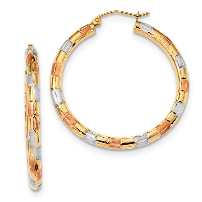 Million Charms 14k Yellow Gold with White & Rose Rhodium Polished, Satin & Diamond-Cut Hoop Earrings, 36.64mm x 34.94mm